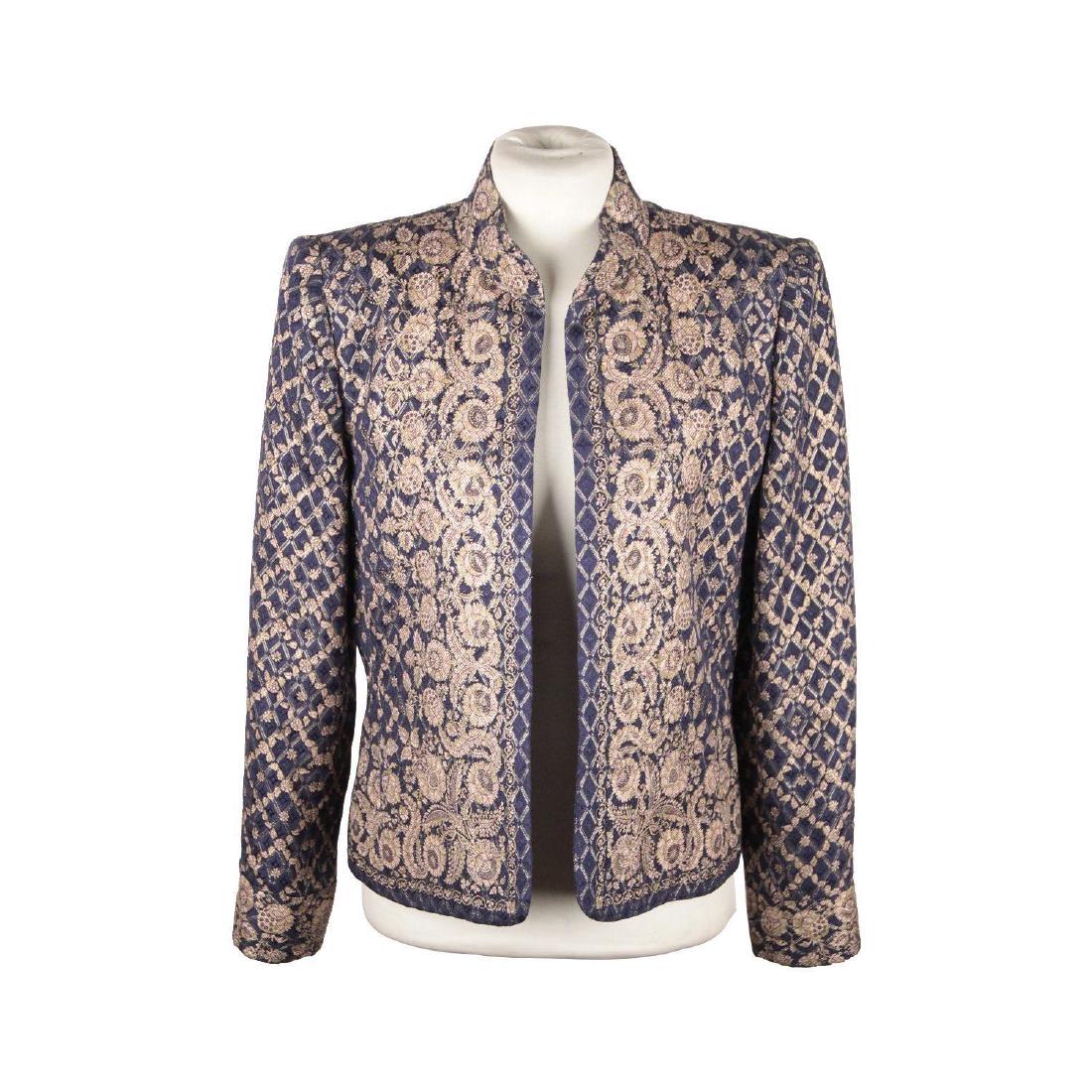 ANNAMARIA CAMPANA Blue and Gold Damask OPEN FRONT: ANNAMARIA CAMPANA Blue and Gold Damask OPEN FRONT JACKET - ANNAMARIA CAMPANA - Made in Italy - Damask texture - Blue & Gold - Collarless design - Open front - Lined - Composition tag is missing. It is