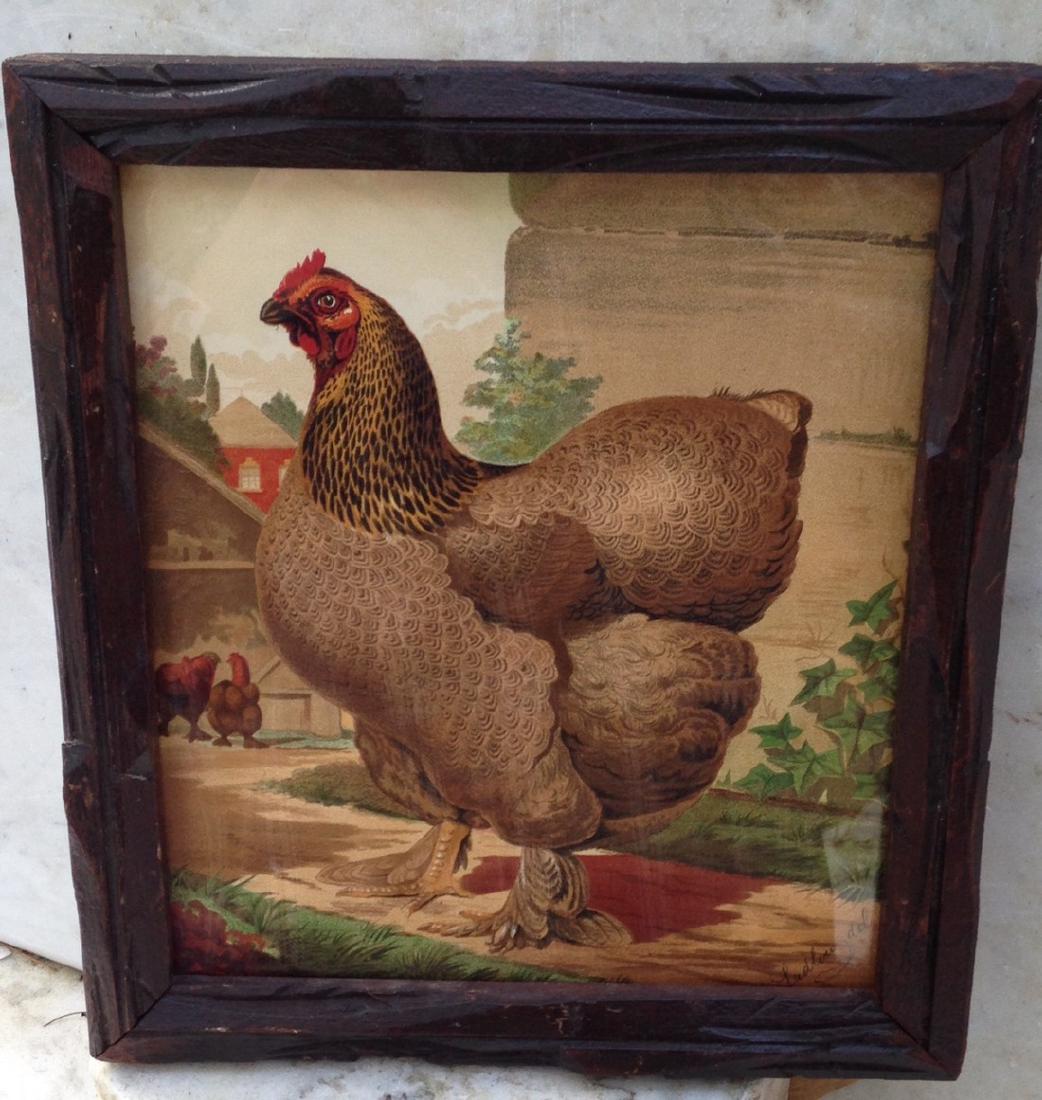 1883 chicken lithograph in a 19thc carved walnut frame (1 of 2)