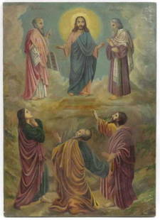 Antique Monumental 1890s Russian icon of: Item: Antique Monumental 1890s Russian icon of TransfigurationMaterials: Hand painted on wood panel.Size 28 x 20 1/4 Inches(71 x 51,5 cm). Antique Russian icon of The Transfiguration of Christ. 