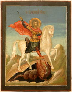 Saint George Slaying the Dragon: Icon: Saint George Slaying the DragonDimensions; 21.5 x 28 cm; Century; 19 Saint George Slaying the Dragon Reserve: $750.00 Shipping:Domestic: Flat-rate of $40.00 to anywhere within the