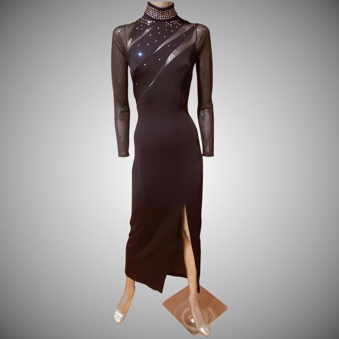 Vtg Cache' Rhinestone embellished mesh maxi dress side: A true beauty and very sensual. High neck, rhinestone embellished solid and mesh design in a diagonal mode. Diagonal back zipper and hook closure. Bust-30-33" Waist-28" Hip-36" Will Stretch. Reserve: 