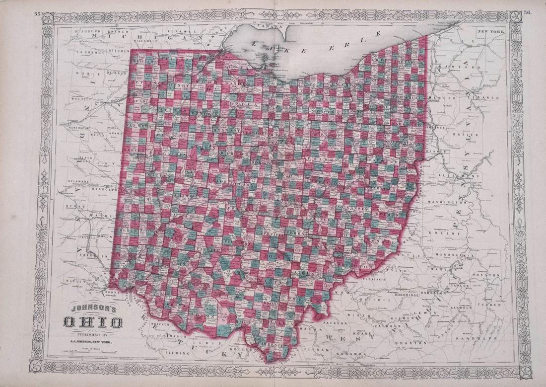 1864 Johnson's Map of Ohio -- Johnson's Ohio: Reserve Reduced! Title/Content of Map: 1864 Johnson's Map of Ohio -- Johnson's Ohio Date: 1864, New York Cartographer: A Johnson Size: 17 X 22.5 in. An excellent larger county map of Ohio; however, th