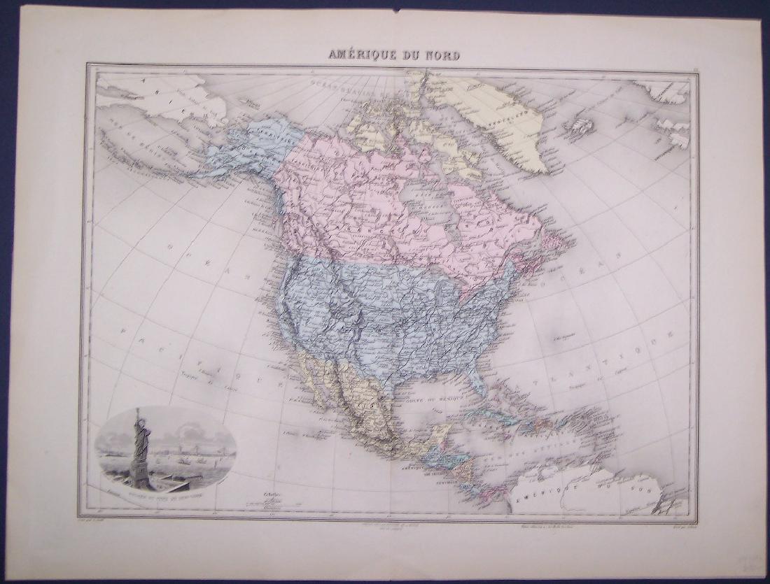 Amerique Du Nord: Reserve Reduced! Title: Amerique Du Nord Publication Date: 1880 Cartographer: LACOSTE, CH. Publisher: J. MIGEON Size: 12.1 x 16.6 Attractive map with steel engraved view of Statue of Liberty. Good rai