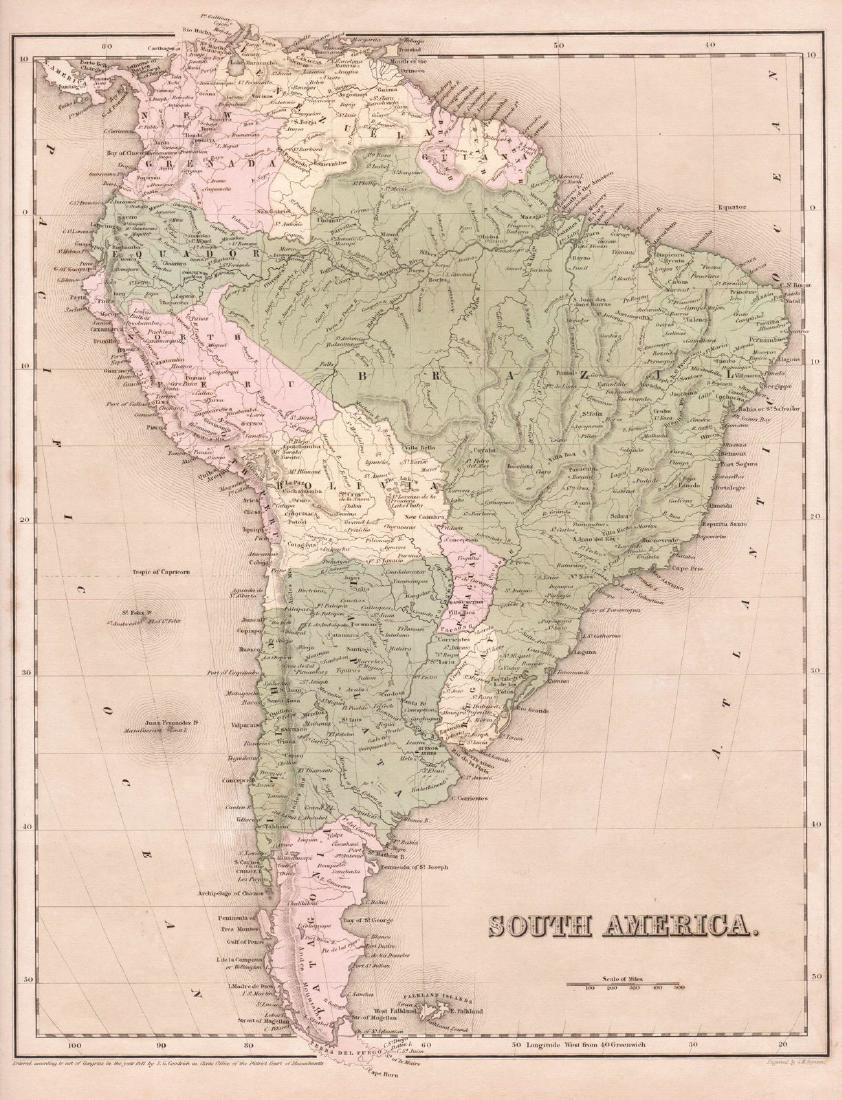 Bradford / Goodrich: South America, 1842: Reserve Reduced! Map Title: South America Cartographer: T. Bradford / S.G. Goodrich Place/Date: Boston / 1842 Size: 11 1/2" x 14 3/4" Condition: wash color; overall age toning The highly detailed Sout