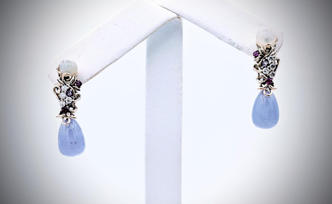 Sterling Silver Moonstone, Violet Jade, Amethyst & CZ: Reserve Reduced! Title: Sterling Silver Moonstone, Violet Jade, Amethyst & CZ Earrings Brand: Jean Lin Collection Metal Purity: 925 Sterling Silver Gemstones: Moonstone, Violet Jade, Amethyst & Cubic