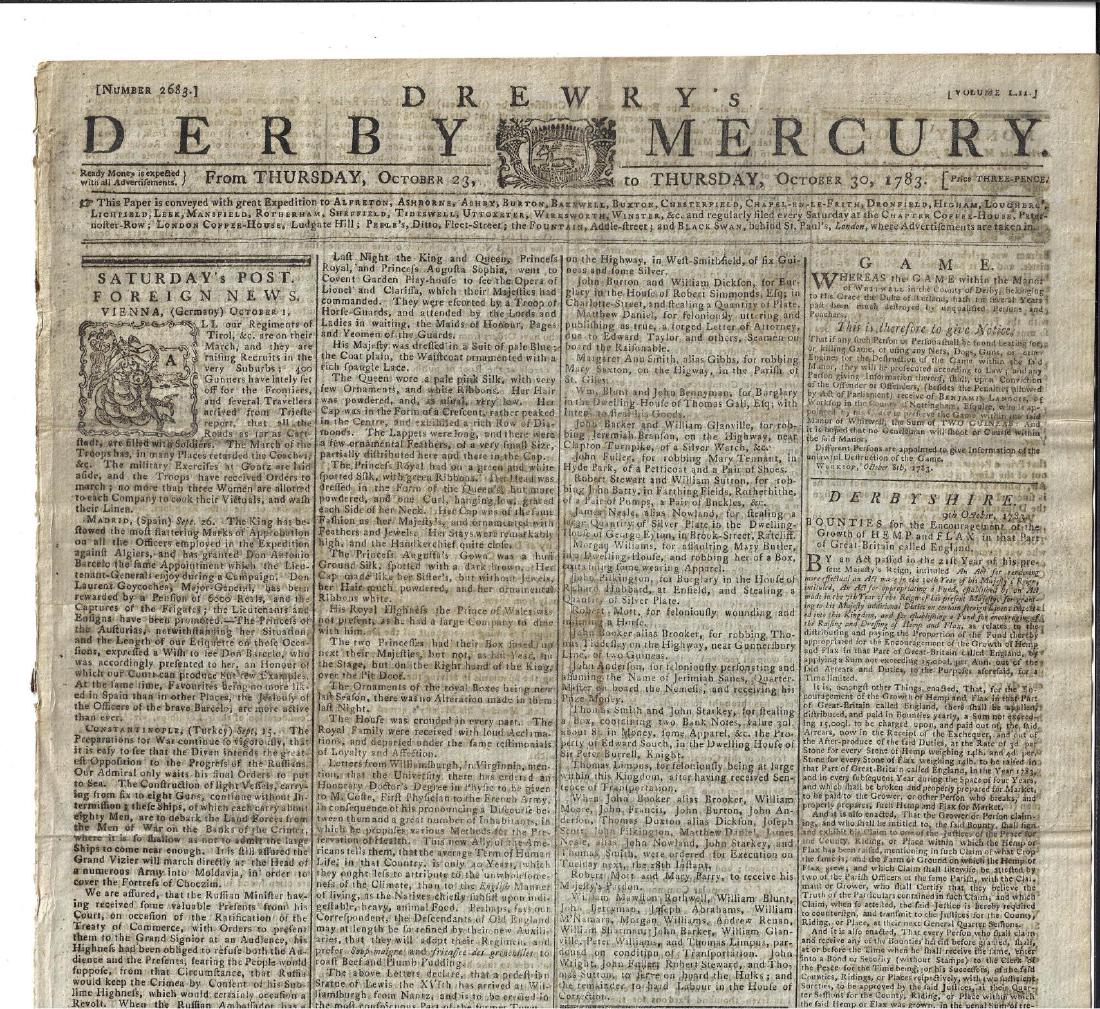 1783 English Newspaper Benjamin Franklin on Gaming (1 of 2)