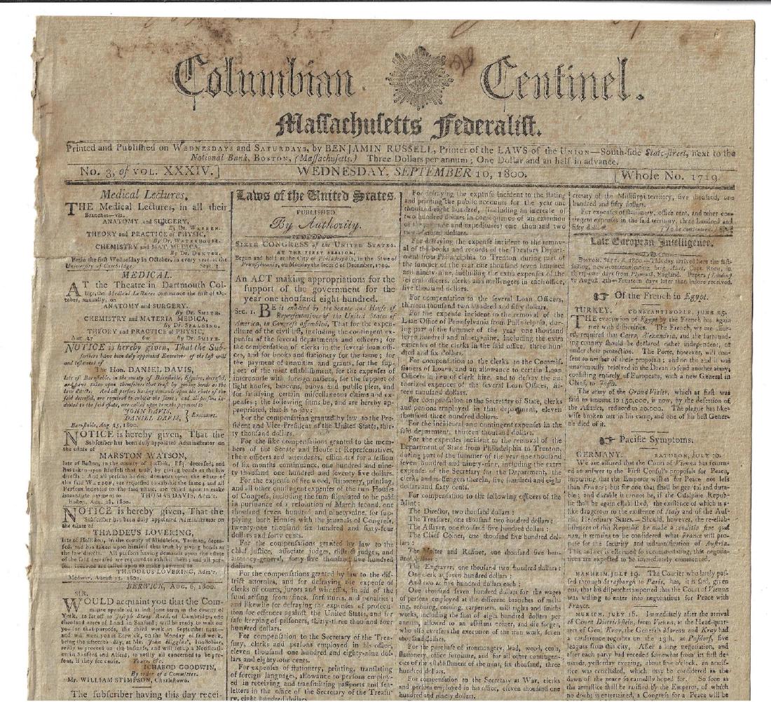 1800 Columbian Centinel Federalist Newspaper (1 of 2)