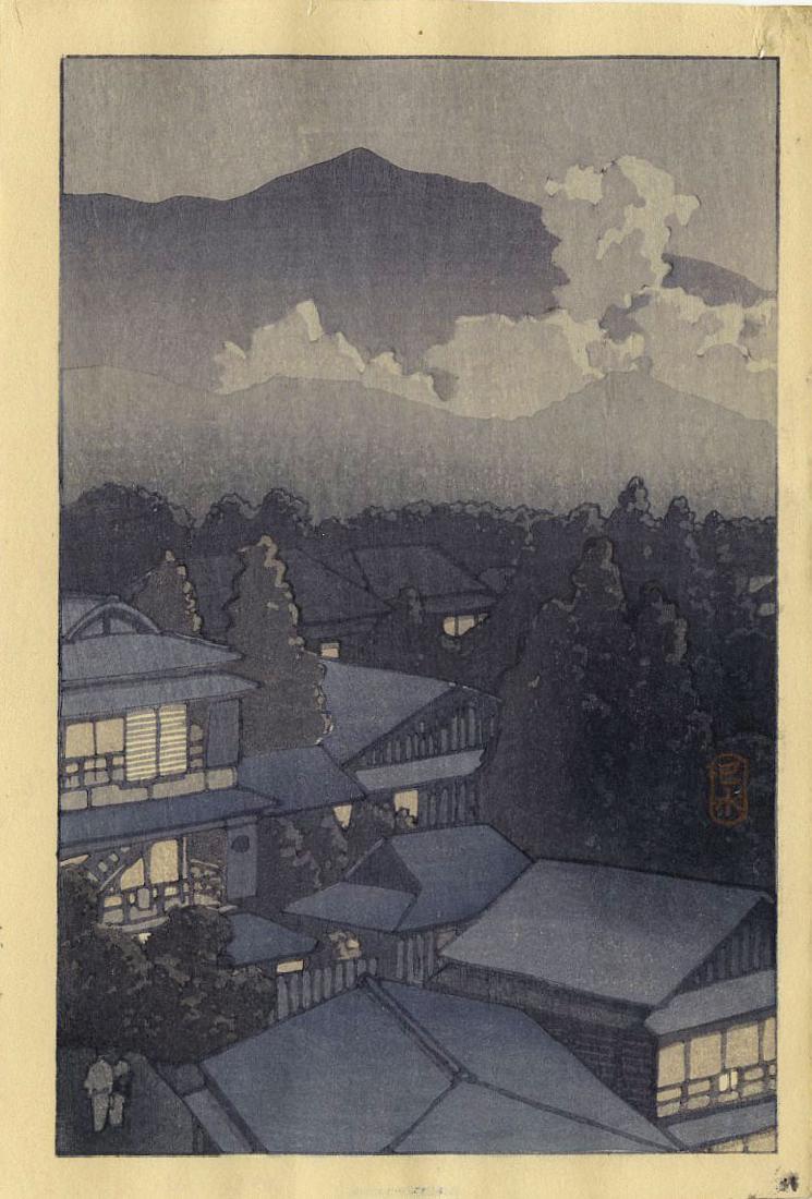 Hasui Kawase: Mountain Village at Evening Woodblock: Japanese Woodblock Print, 1930s, Hasui seal at right in red, published by Watanabe SIZE IN INCHES: 5.2 x 7.5 inches PROVENANCE: from the Robert O. Muller estate KAWASE HASUI (1883–1957) was a Japane
