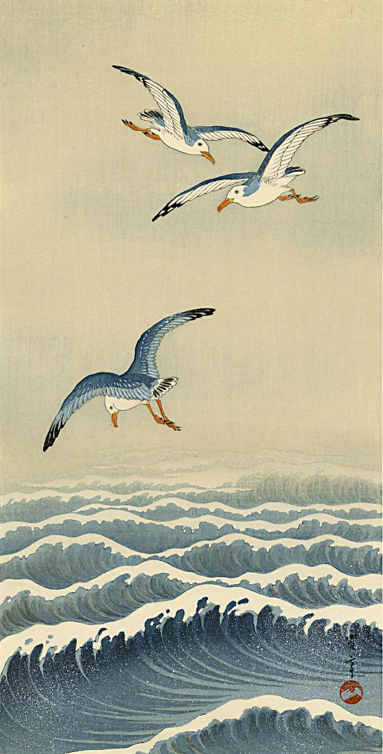 Watanabe Seitei: Seagulls Over Waves Woodblock: Japanese Woodblock Print, c.1930, published by the Shima Art Company, signed and sealed Seitei Watanabe SIZE IN INCHES: 7.75 x 15 PROVENANCE: from the estate of Robert O. Muller Shipping: Domestic: Fl