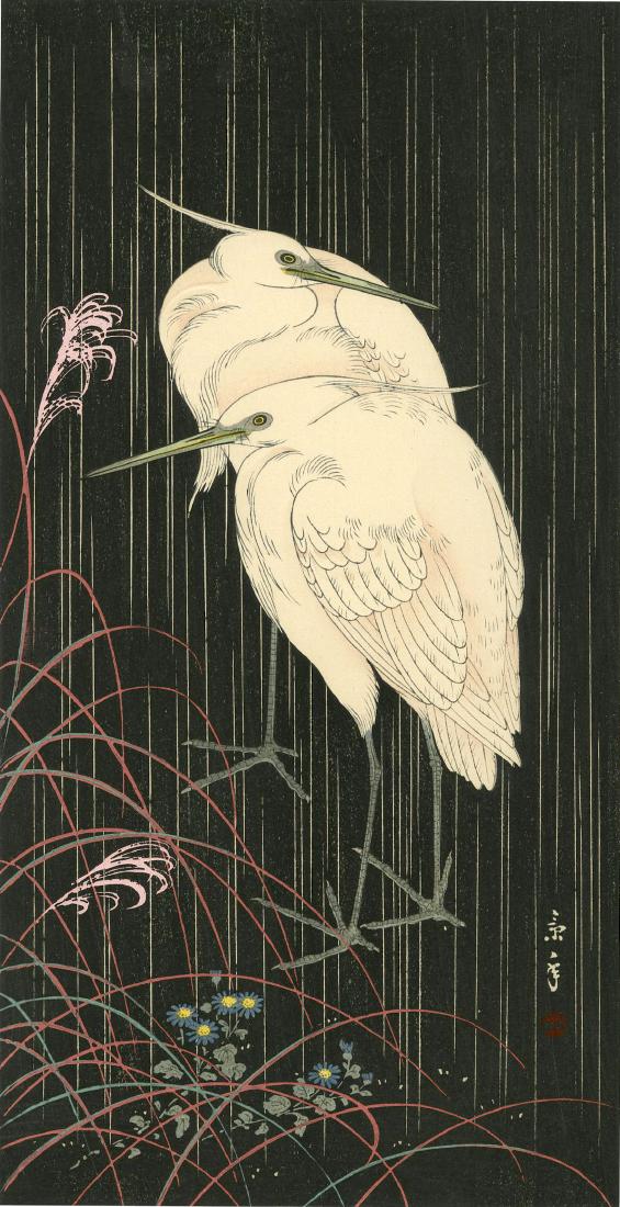 Keinen Imao: Egrets on Rainy Night Woodblock: Japanese Woodblock Print, c.1930, published by the Shima Art Company, signed and sealed Keinen SIZE IN INCHES: 7.75 x 15 PROVENANCE: from the estate of Robert O. Muller Keinen Imao (1845-1924), whose 