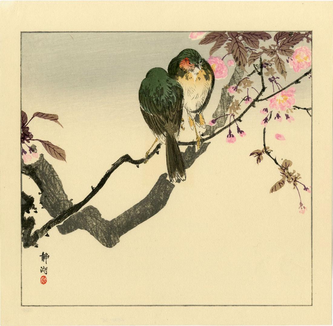 Seiko Okuhara: Japanese Robins 1930s Woodblock: Japanese Woodblock Print, published by Kawaguchi SIZE IN INCHES: shikishi, 10.5 x 10.75 inches PROVENANCE: From the estate of Robert O. Muller Shipping: Domestic: Flat-rate of $25.00 to anywhere withi