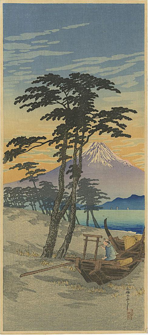 Shotei (Hiroaki): Mt. Fuji from Miho Woodblock: Japanese Woodblock Print, 1932, published by Shozaburo Watanabe SIZE IN INCHES: 6.8 x 15 inches PROVENANCE: From the Robert O. Muller estate Shipping: Domestic: Flat-rate of $25.00 to anywhere within 