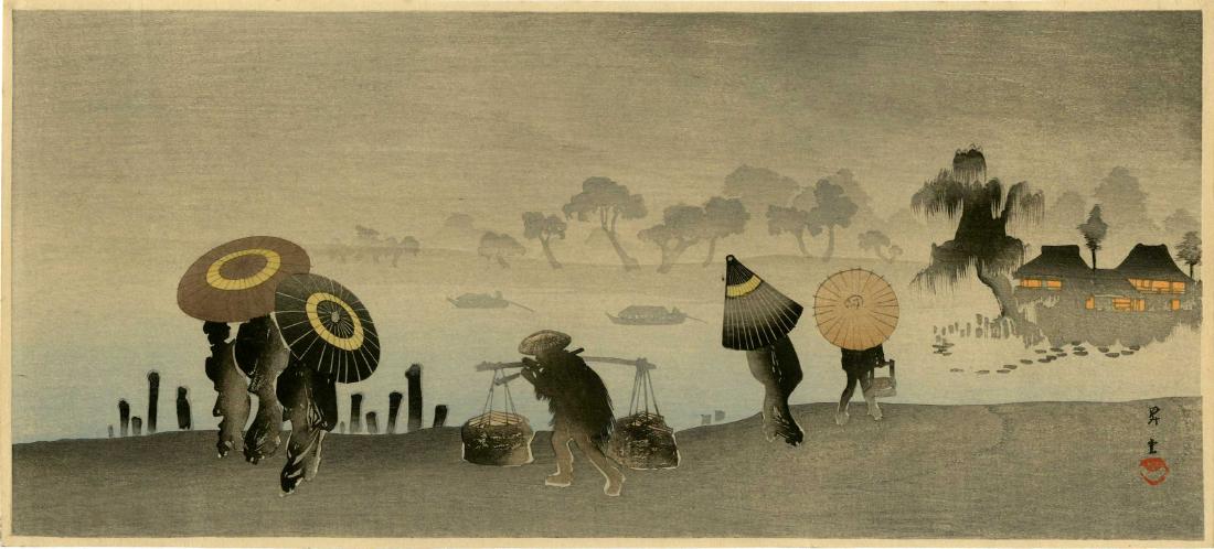 Shoun Yamamoto: Sudden Shower Woodblock: Japanese Woodblock Print, c.1930s SIZE IN INCHES: 15 x 6.9 inches PROVENANCE: from the Robert O. Muller estate Shipping: Domestic: Flat-rate of $25.00 to anywhere within the contiguous U.S. Internatio