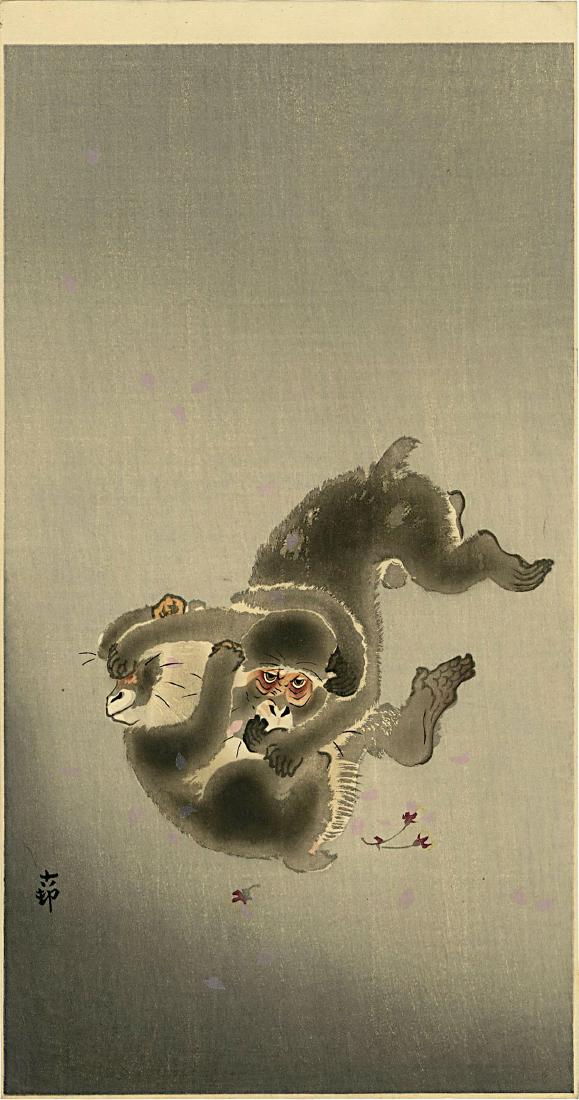 Koson Ohara: Monkeys Wrestling Woodblock: Japanese Woodblock Print, c.1920s, published by Daikokuya, signed and sealed Koson SIZE IN INCHES: ohosoban, 14.5 x 7.5 inches PROVENACE: from the estate of Robert O. Muller OHARA KOSON (1877-1945), w