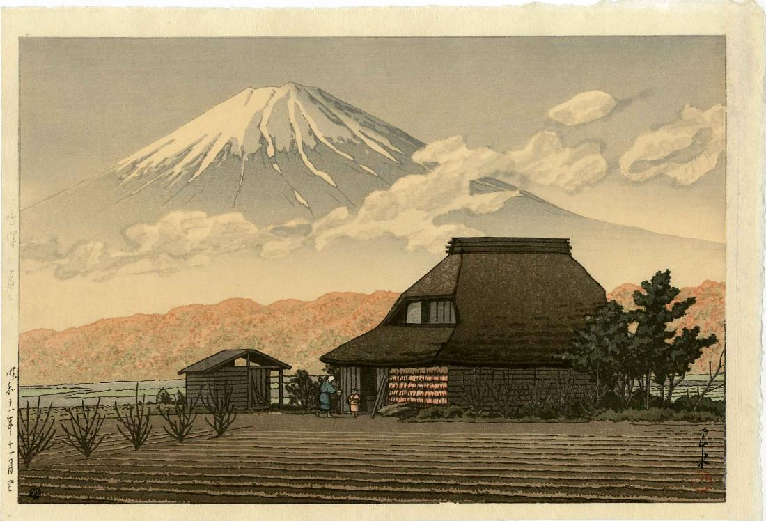 Hasui Kawase: Farm and Mt. Fuji 1936 Woodblock: Japanese Woodblock Print, 1936, with publisher's 6mm seal (used 1948-1957), published by Shozaburo Watanabe SIZE IN INCHES: 15.25 x 10.5 KAWASE HASUI (1883–1957) was a Japanese woodblock print maker