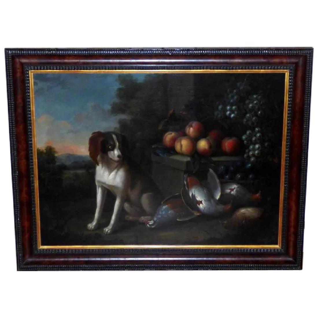 Antique Large 18th Century Dutch Still Life of a Dog: In art history, “old master” refers to any painter of skill who worked in Europe before about 1800, or a painting by such an artist. By this definition, this painting can be considered an old mast