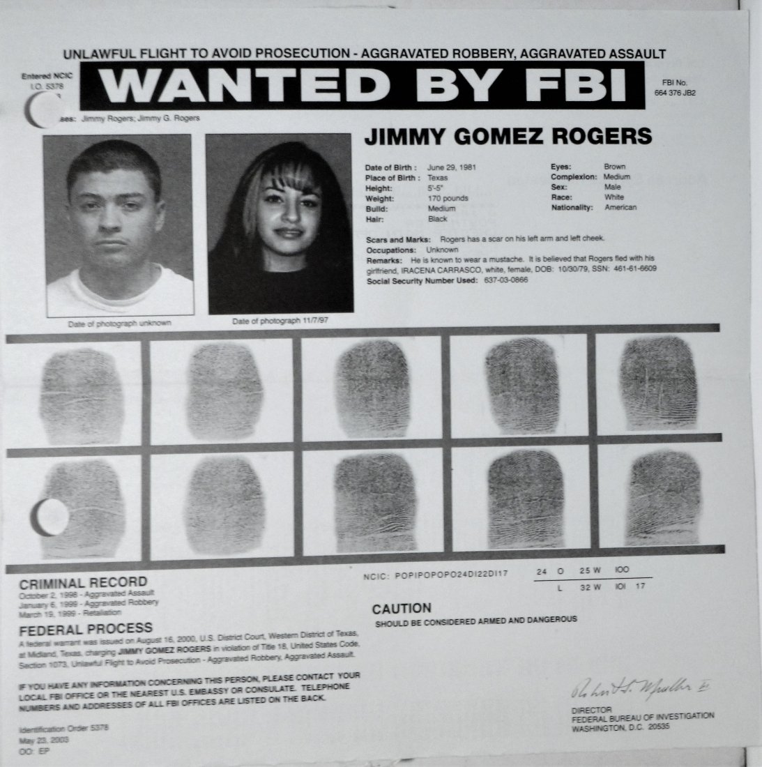 FBI Wanted Poster- Jimmy Gomez Rogers: Printing Date: 2003 Size/format: Approx 8x8 inches Publisher: Federal Bureau of Investigation Series: Additional info: Wanted for aggravated robbery, aggravated assault Reserve: $10.00 Shipping: Domes