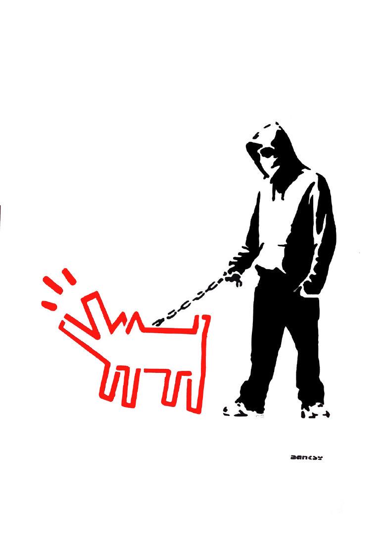 BANKSY - Hoodie & Keith Haring Red Dog: Title: Hoodie & Keith Haring Red Dog Maker: BANKSY Origin: United Kingdom Year: 2017 Materials: Arches paper 420 g Size: 100x70 cm. Banksy, after. Graffiti Art/StreetArt. Large size Stencil/Spray. Edi