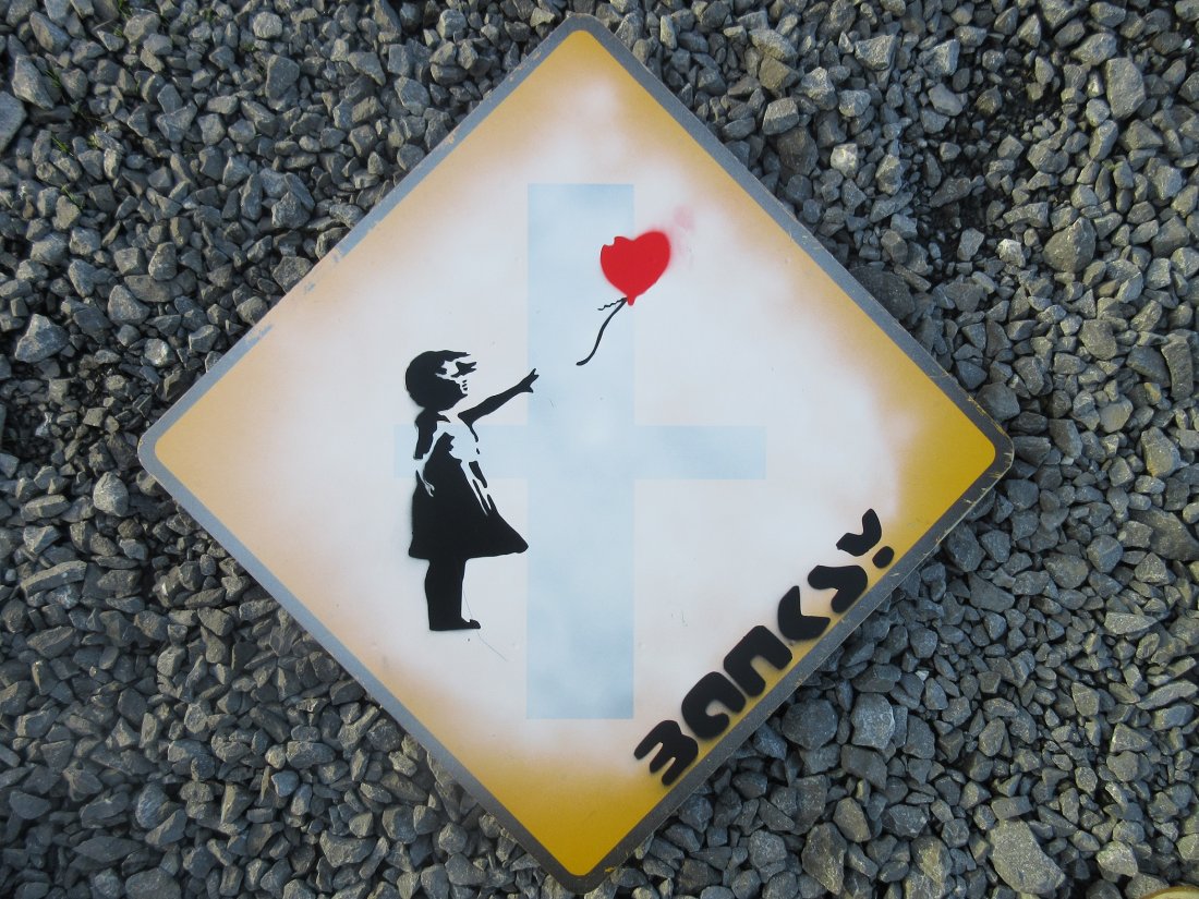 Banksy Girl With Balloon: Banksy after Girl With Balloon stencil spray paint on metal road sign. This is being sold as after Banksy as it will not get a pest control certificate. The size is 32 1/2 inches from the top to the b
