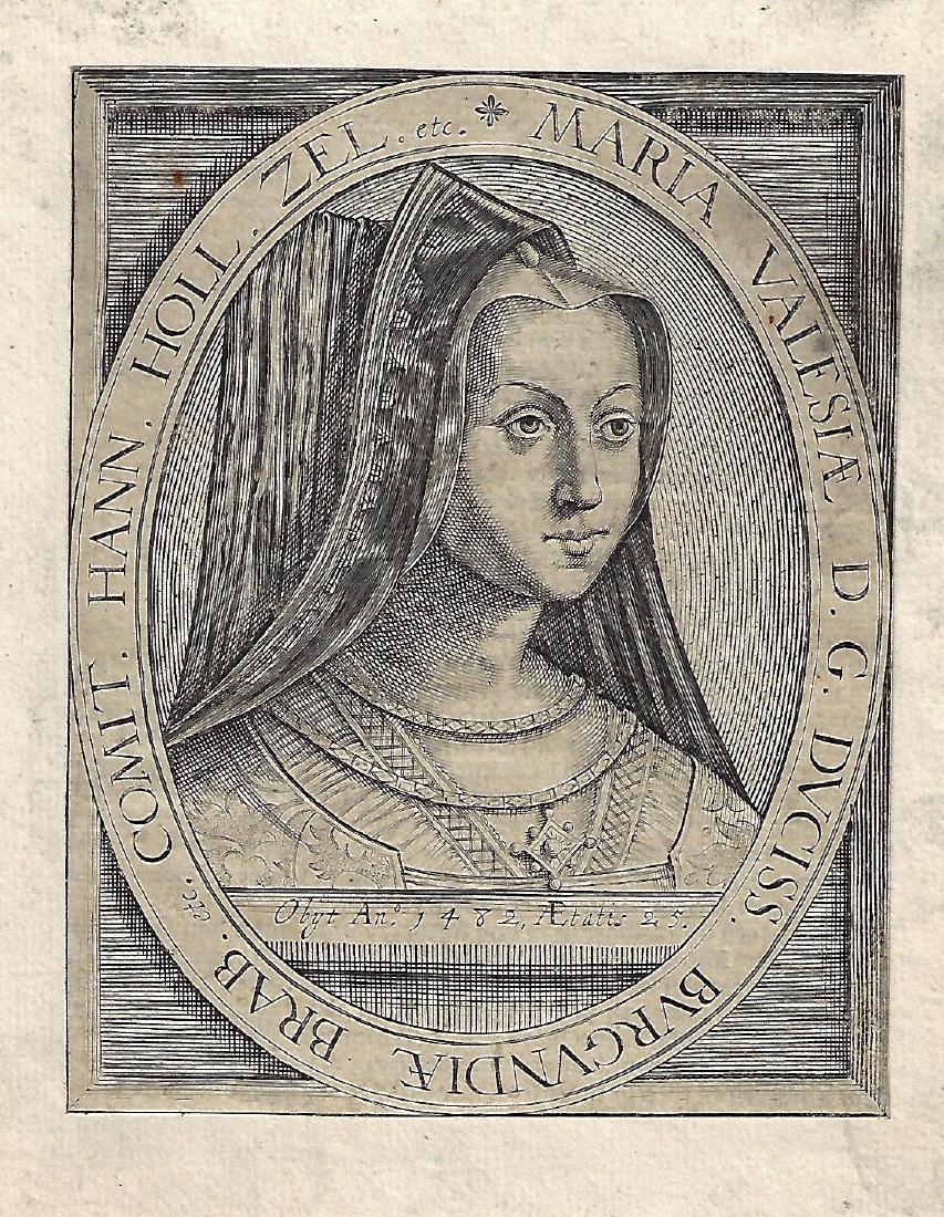 1557 Beautiful Engraving of Maria Valesiae: Circa 1557 engraving of Maria Valesiae, Dutchess of Burgundy and Brabant. Mounted on laid paper, text on verso. Fine. The engraving measures 4.75 x 6.25”. Reserve: $50.00 Shipping: Domestic: Flat-ra