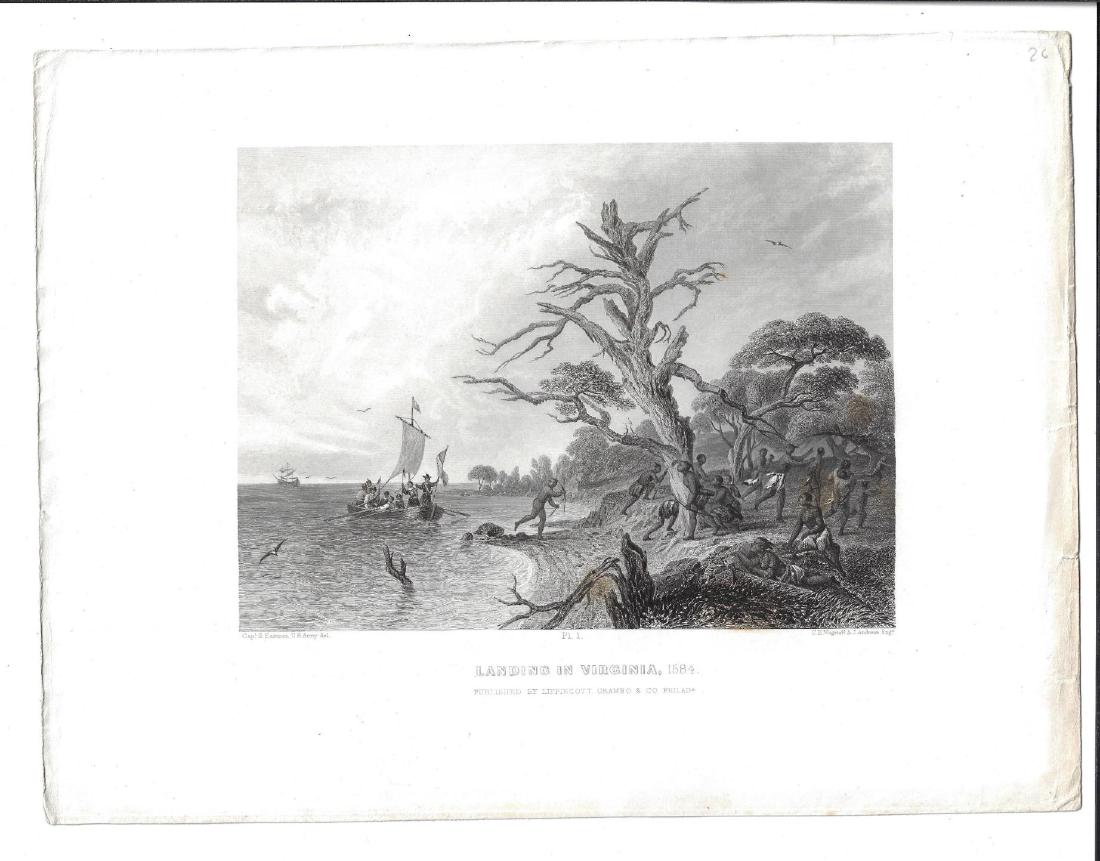 1853 Engraving Eastman Landing in Virginia: 1853 engraving of Seth Eastman entitled “Landing in Virginia, 1584”, printed by Lippincott and Grambo, Philadelphia. Fine condition, measures 12.5 x 9.5”. Reserve: $20.00 Shipping: Domestic: Fla