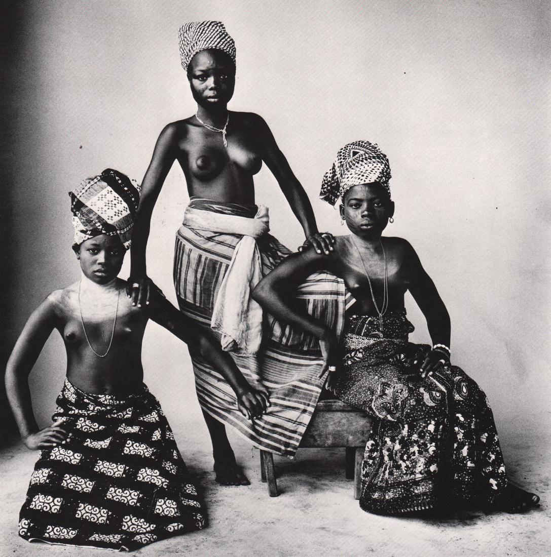 IRVING PENN - Three Aizo girls of a lagoon Village: Artist: IRVING PENN Print Title: Three Aizo girls of a lagoon Village Medium: Photolitho Printed 1974 in the US Image size (inches) approx. 9 x 9” Irving Penn was an American photographer known for 
