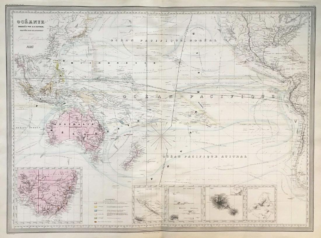 Dufour/Dyonnet: Australia, Oceania with Island Insets: A superbly detailed nautical chart of the Pacific Ocean showing all of Australia, Indonesia, and Japan as well as most of North America and the west coast of South. Includes five insets: southeastern 