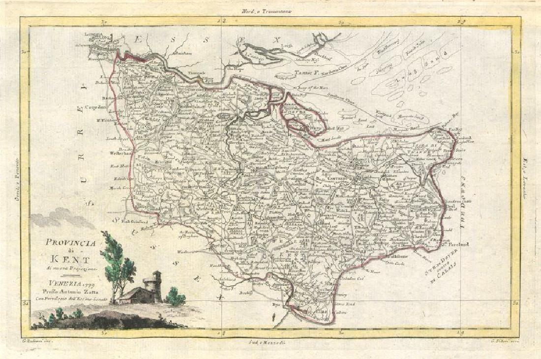 "Provincia di Kent". Kent county map. ZATTA 1779 old (1 of 2)