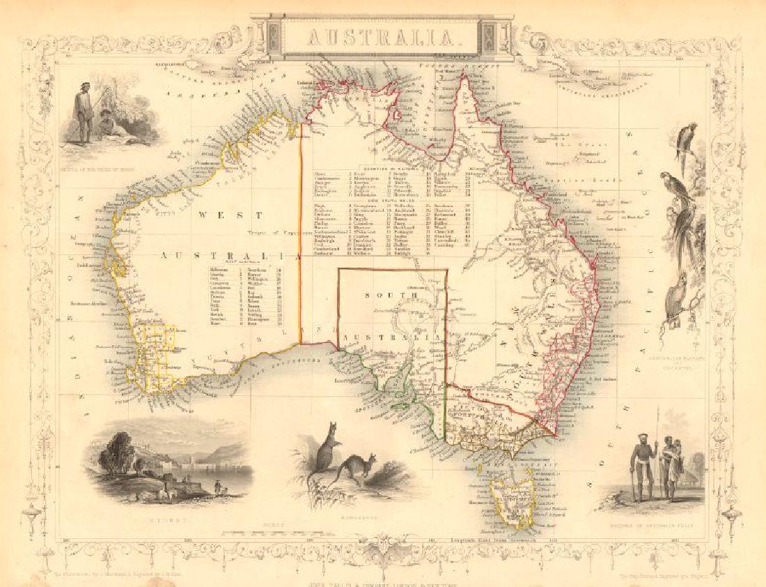 AUSTRALIA. no Queensland (est 1859). Showing: TITLE/CONTENT OF MAP: 'Australia' Goldfields are marked in yellow. Vignettes: Natives of the tribe of Bogan; Sydney; kangaroos; Australian parrots and Cockatoo; Natives of Australia Felix. The countie