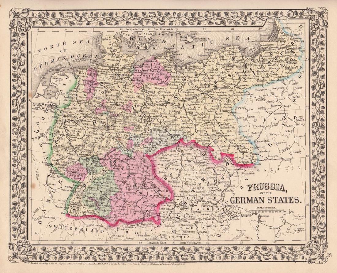 Mitchell: Prussia and the German States, 1870: The beautifully detailed and colored map of Prussia and the German States from the 1870 edition of Mitchell's popular New General Atlas of the world. Framed by the decorative vine motif border typical