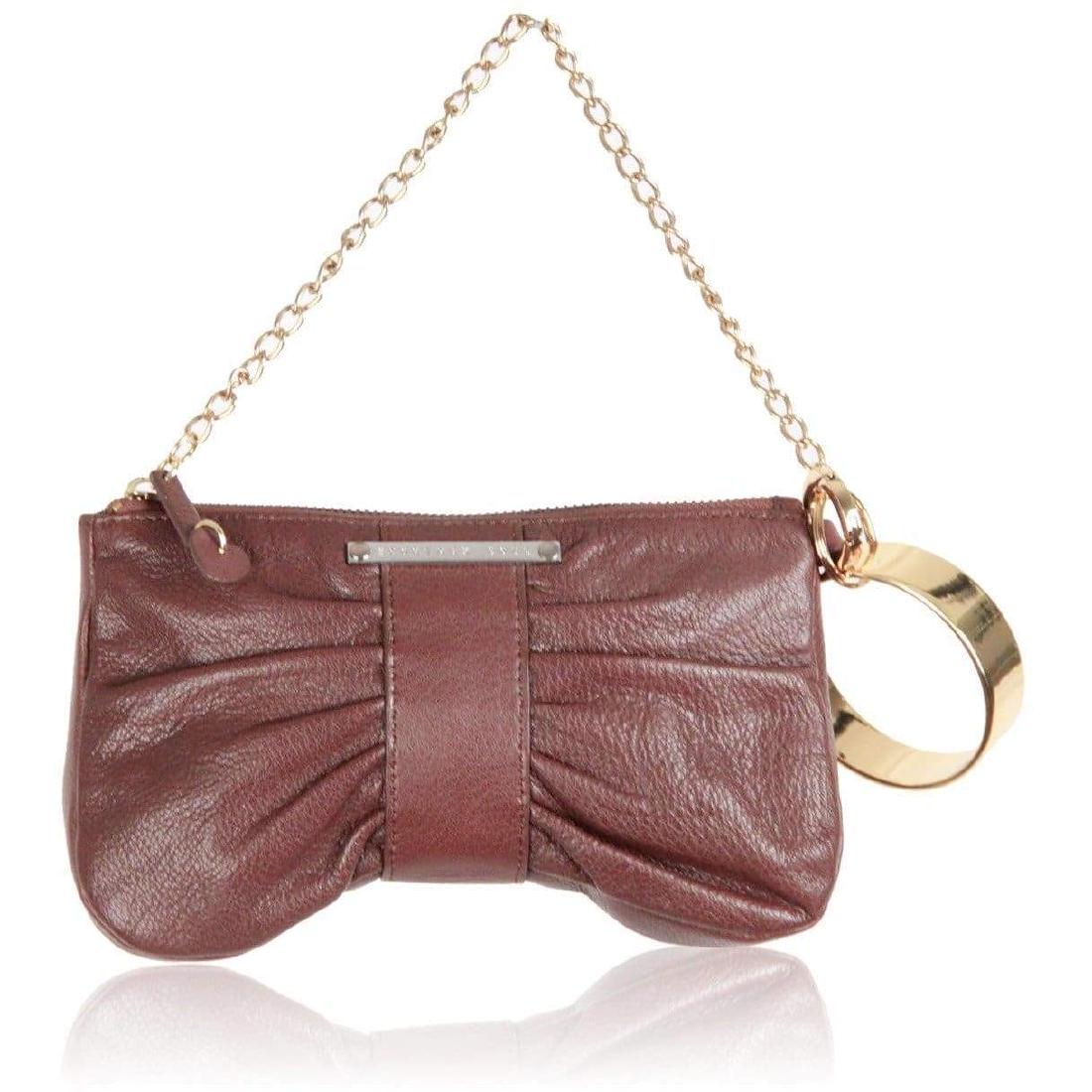 Max Mara SPORTMAX CODE Brown Leather WRIST BAG Clutch: Brand: Max Mara Title: Max Mara SPORTMAX CODE Brown Leather WRIST BAG Clutch - SPORTMAX CODE wristlet bag - Gold metal chain with bangle - Bow -shaped - Upper zipper closure - Beige fabric lining - 1