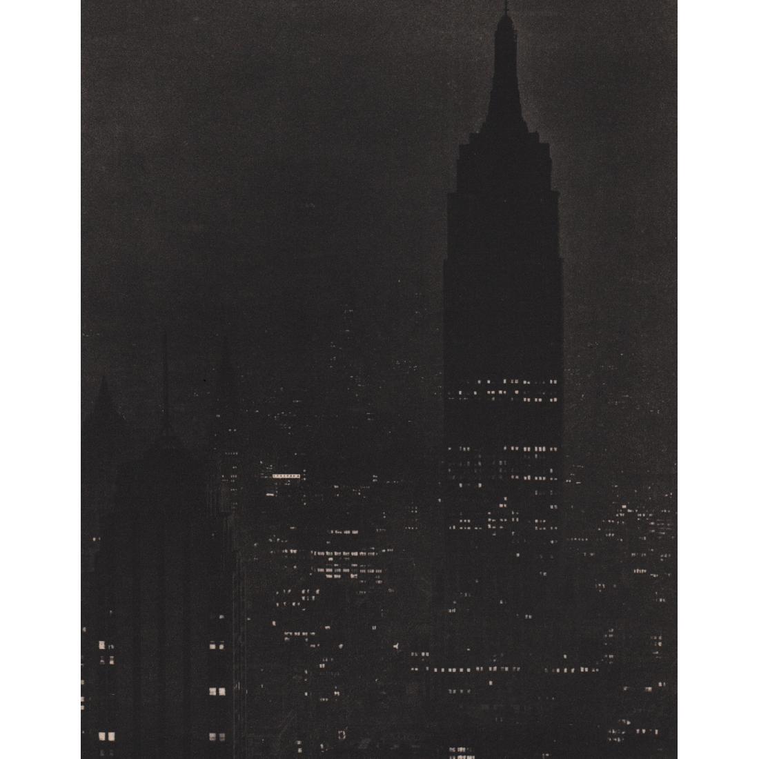 ANDREAS FEININGER - New York Dim-out: Artist: ANDREAS FEININGER Print Title: New York Dim-out Medium: Sheet-fed gravure Printing Date: 1940's Printed in the USA Image Size approx: 5.75 x 7.25 inches Andreas Bernhard Lyonel Feininger (1906