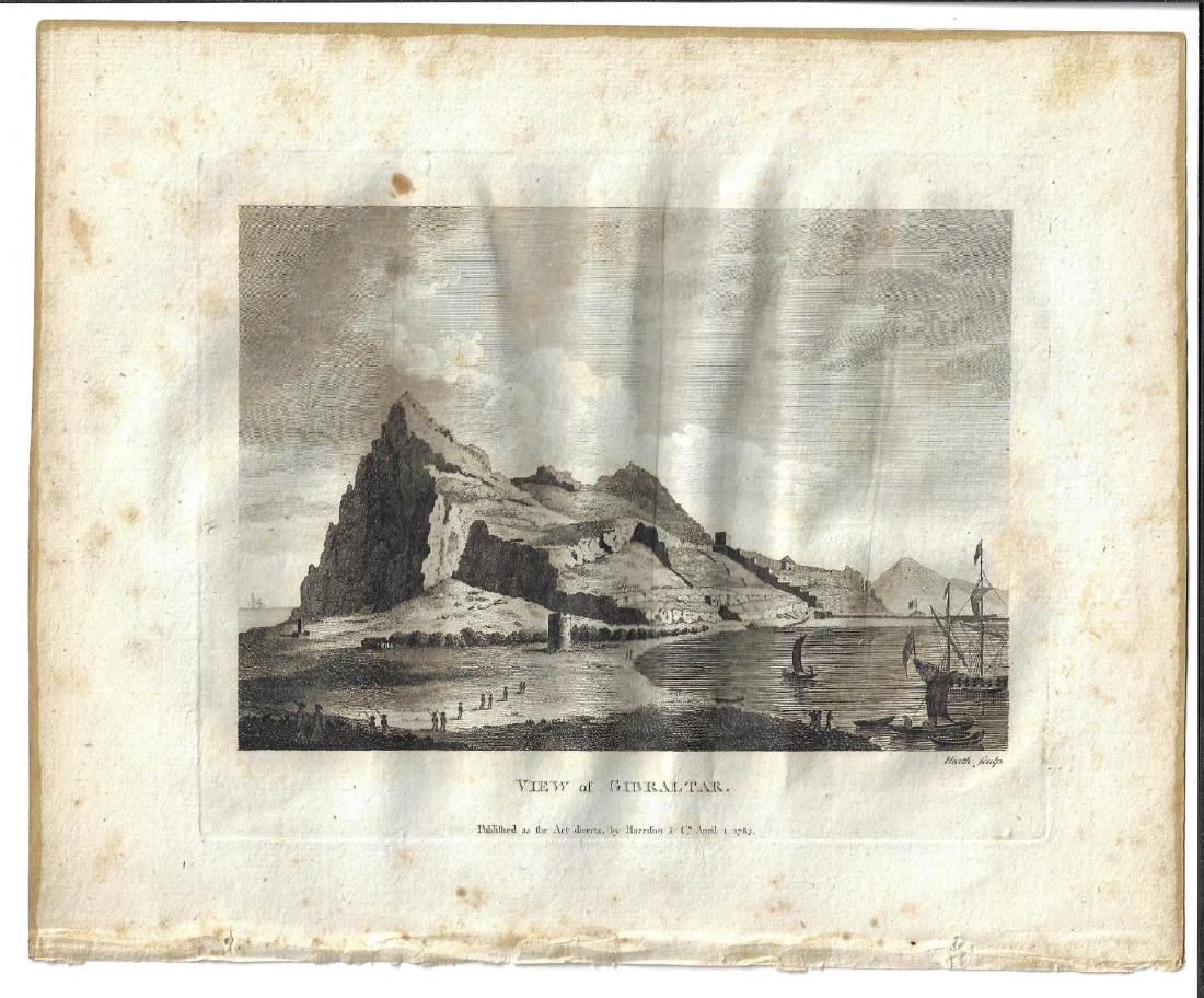 1783 Engraving View of Gibraltar: ‘View of Gibraltar”, published by Harrison and Co., 1783. Engraved by Heath. Very Good, measures 10 x 8”. Reserve: $20.00 Shipping: Domestic: Flat-rate of $10.00 to anywhere within the contiguou