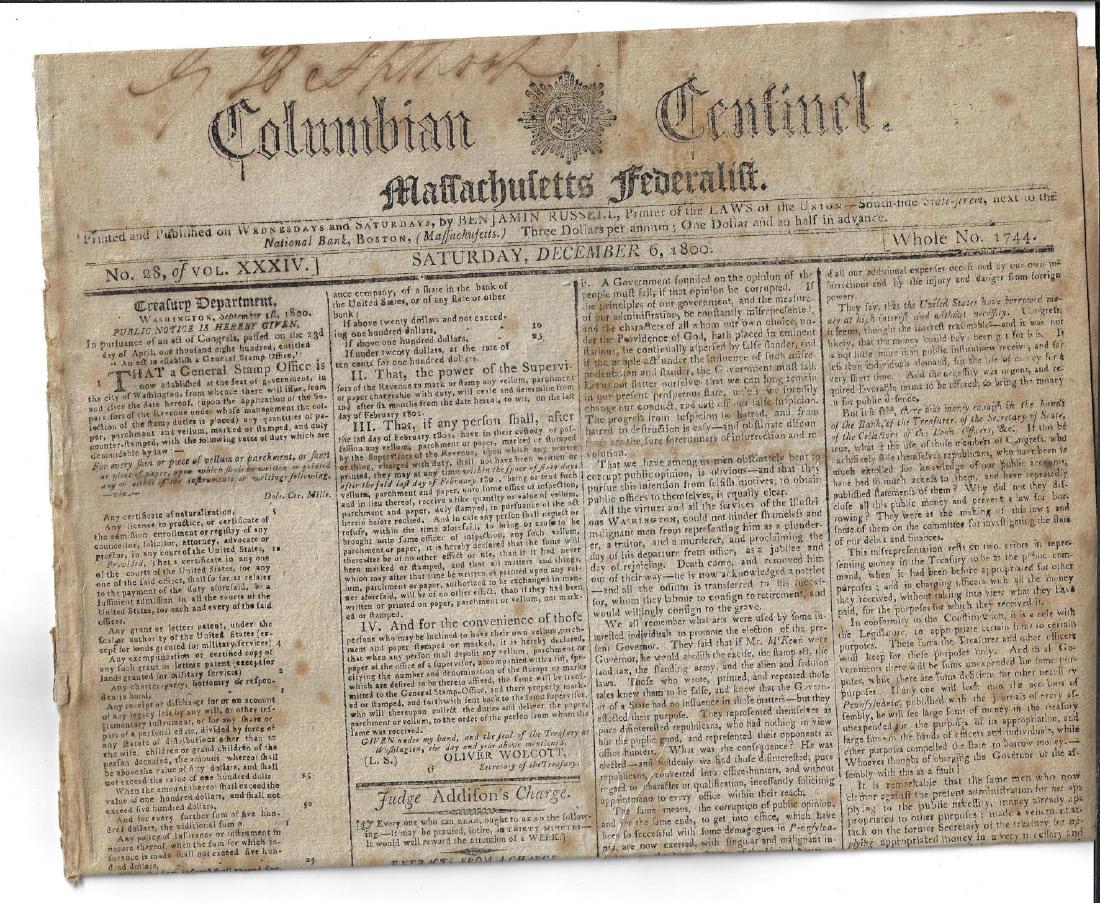 1800 Federalist Newspaper Election Adams Jefferson: The December 6, 1800 issue of the Columbian Centinel and Massachusetts Federalist, four pages, printed at Boston by Benjamin Russell. Includes election results for the Presidency of the United States 