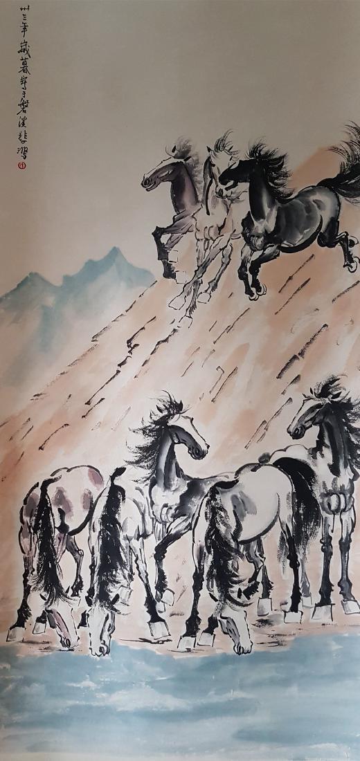 Chinese SCROLL Painting on paper XU BEIHONG (after): A Chinese Scroll Painting on paper 20th Century Hand Painted on Xuan paper Scroll size : 231cm long, 83cm wide. Painting size : 138cm long, 68cm wide. Watercolor and ink on paper, hanging scroll, "aft