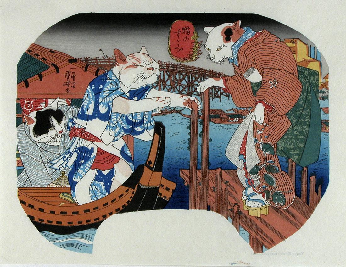 Utagawa Kuniyoshi (1839-42) - Cats cooling off: Utagawa KUNIYOSHI Cats cooling off 1839-42 (for the original edition, this being a 20th century impression made from recut blocks) woodblock print uchiwa-e (8.5" x 11.5" plus margins) An uncut fan pri