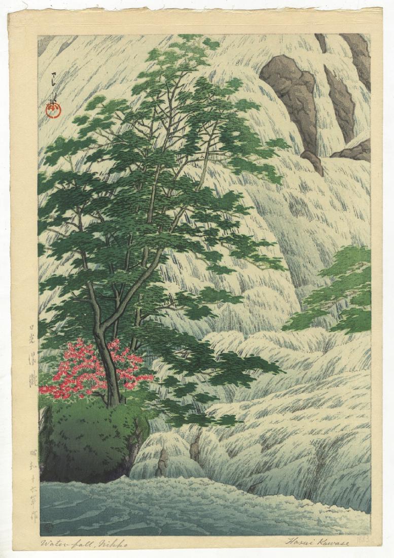 Hasui Kawase (1883-1957) - Waterfall, Nikko: Artist: Hasui Kawase (1883-1957) Title: Waterfall, Nikko Series: Publisher: Date: pub. 1946-1957 Medium: Japanese Woodblock Print Size/Format: 26.9 x 38.9 cm Reserve: $895.00 Shipping: Domestic: