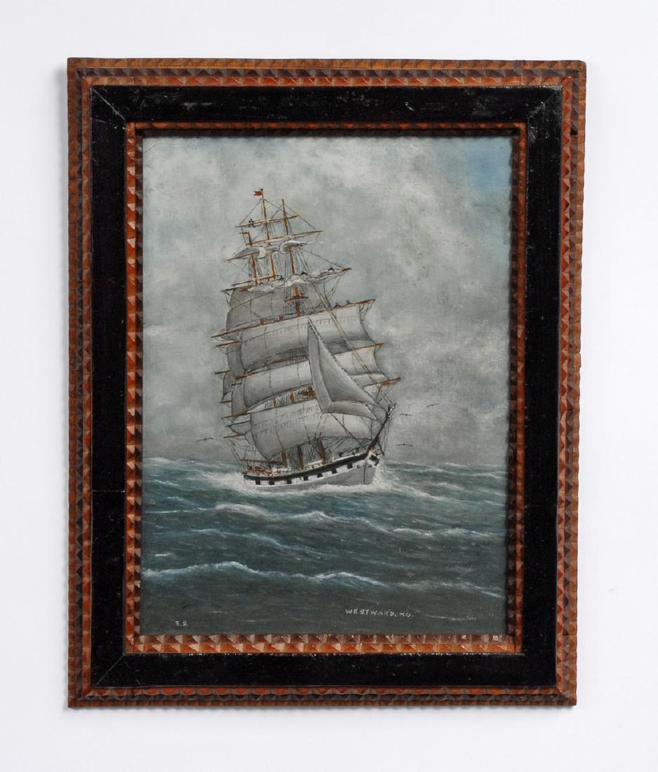 Folk Art Nautical Painting in Tramp Art Frame (1 of 6)