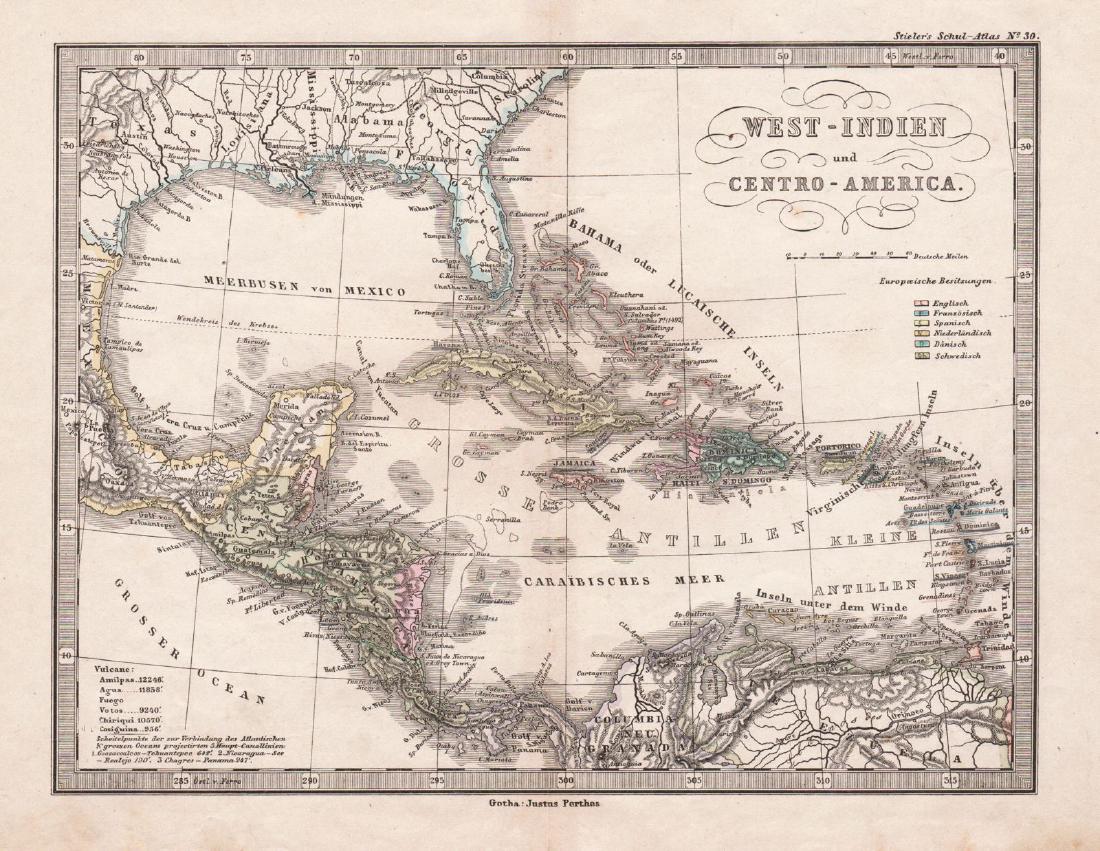 Perthes: West Indies & Central America: Map Title: West-Indien und Centro-America. Cartographer: Justus Perthes Place / Date: Gotha / 1835/c.1850 Size: 9 5/8" x 7 1/2" Condition: Wash color; overall age toning, minor browning in margins A d