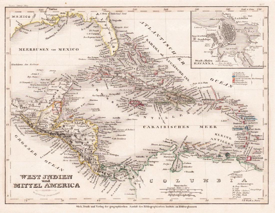 Radefeld: West Indies & Central America / Havana Inset: Map Title: West Indien und Mittel America Cartographer: Radefeld / Meyer / Bibliographischen Instituts Place / Date: Hildburghausen / 1861 Size: 9 1/2" x 7 1/4" Condition: outline color; light overall