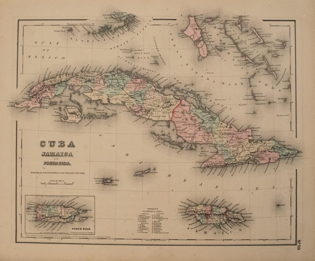 1857 Colton Map of Cuba, Jamaica and Puerto Rico --: Title/Content of Map: 1857 Colton Map of Cuba, Jamaica and Puerto Rico -- Cuba, Jamaica and Porto Rico Date: 1855, New York Cartographer: J Colton Size: 12.5 X 15.5 in. This is a very nice engraved ma