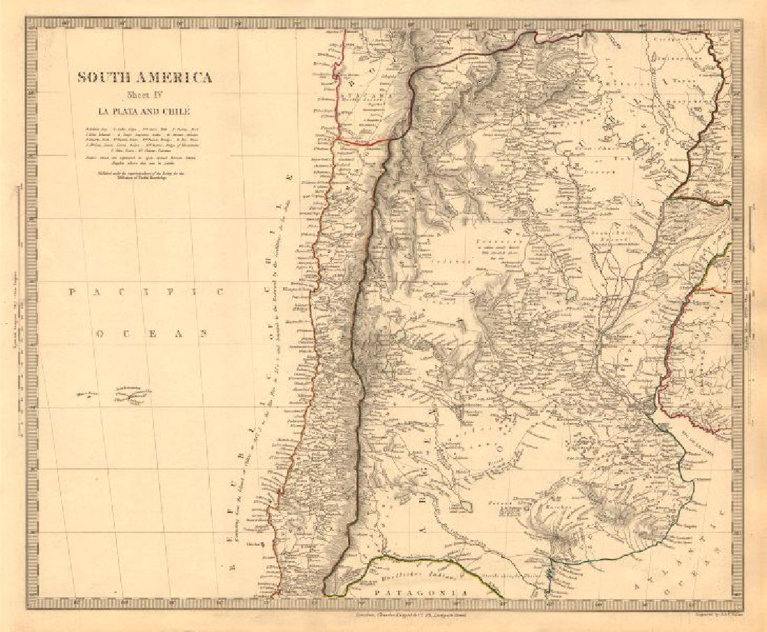 SOUTH AMERICA. La Plata & Chilé. Chile Argentina: TITLE/CONTENT OF MAP: 'SOUTH AMERICA, SHEET IV., LA PLATA AND CHILÉ' The map shows the routes of South American explorers & pioneers including Charles Darwin 1833, French 1826, Villarino 1782, Genera