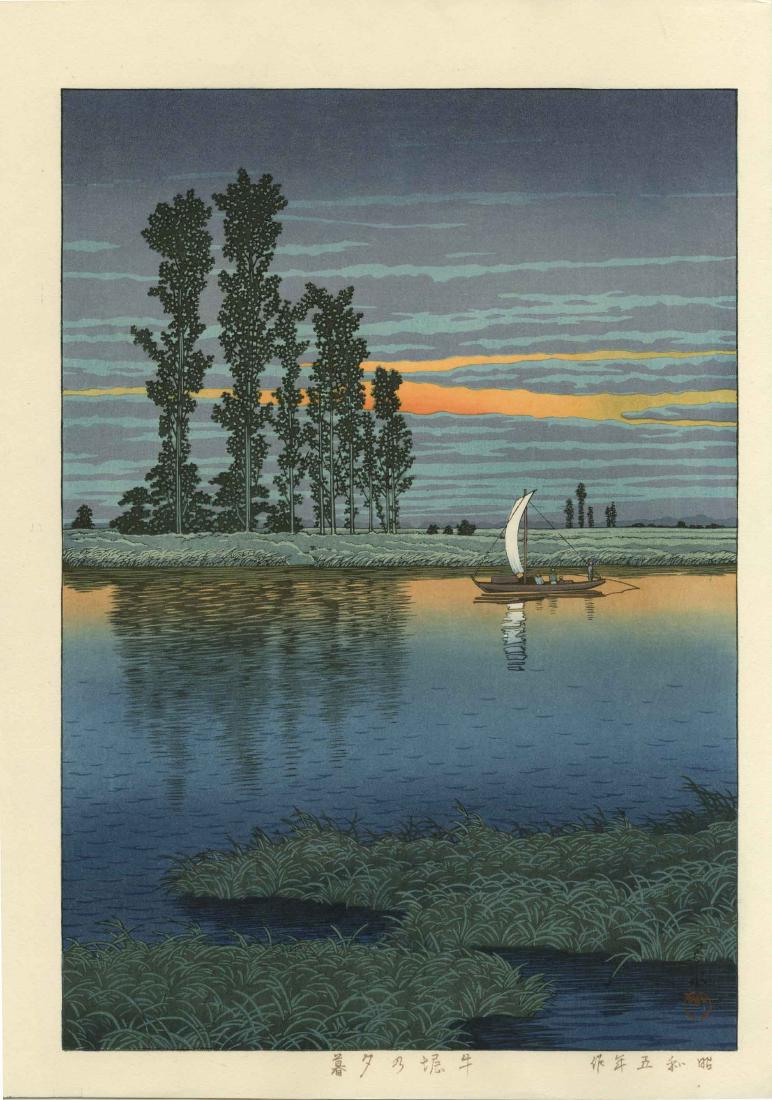 Hasui Kawase - Twilight at Ushibori: Title: Hasui Kawase Twilight at Ushibori Description: KAWASE HASUI (1883 – 1957) was a Japanese woodblock print maker in the early 20th century. He and Hiroshi Yoshida (1876-1950) are widely regarde