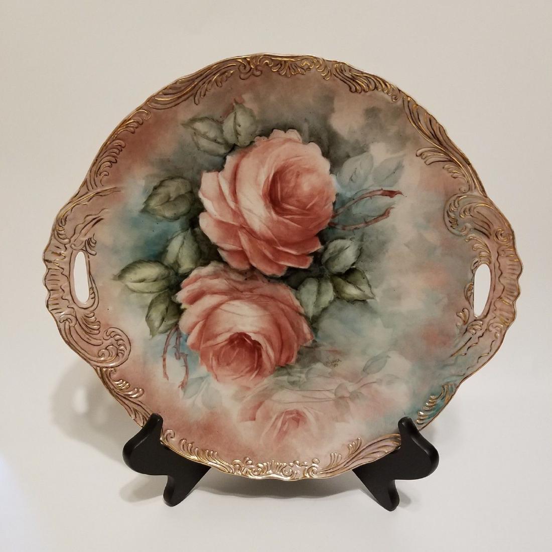 Antique German Large Rose Roses Cake Cabinet Plate Hand: Antique German Large Cabinet Cake Plate Artist Signed & Dated This is a beautiful hand painted cabinet/cake plate. Signed by the artist: M Shick Dated: '89 (1889) Large mauve roses and gold detailing