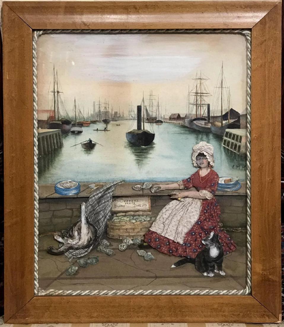 Folk Art Watercolor Diorama of a Harbor Scene with (1 of 9)