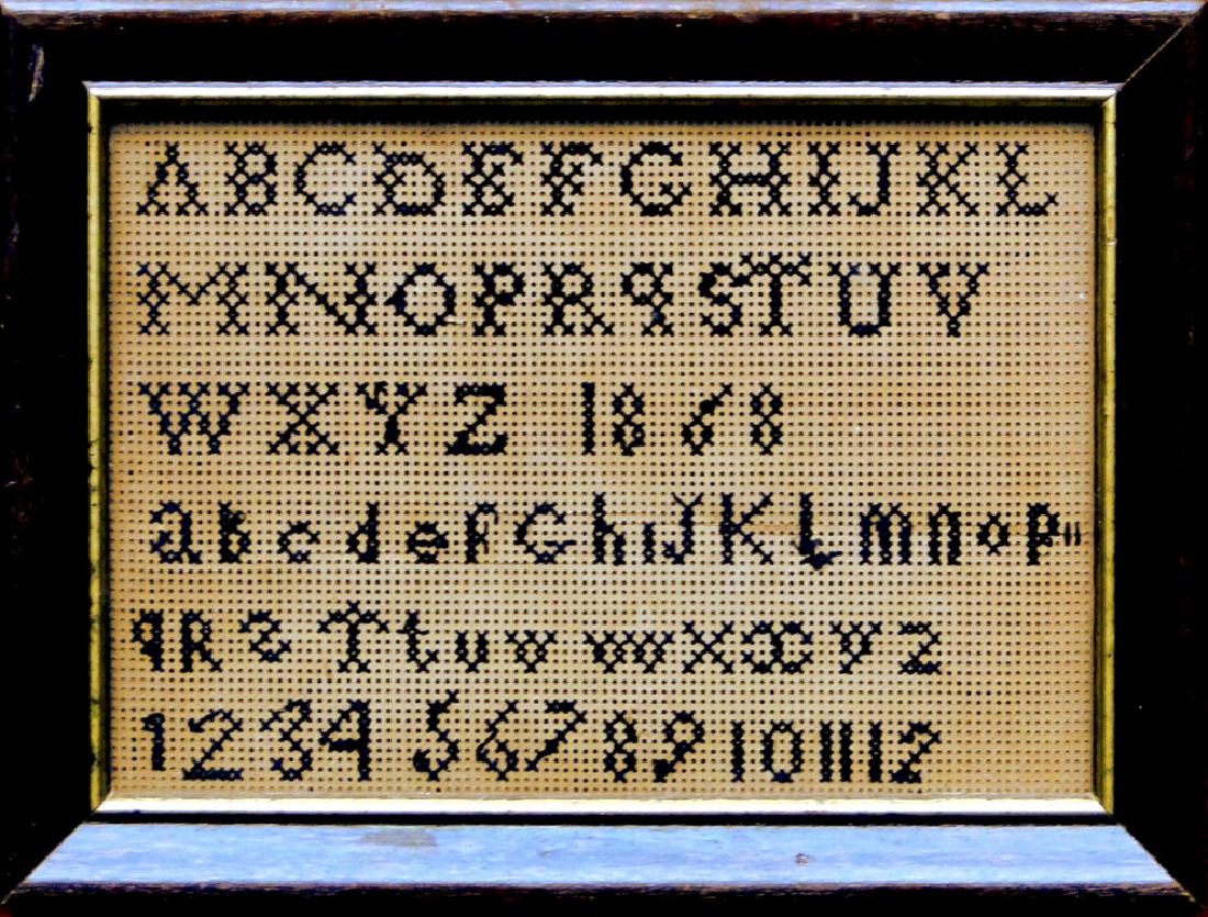 1868 miniature schoolgirl sampler, wool on punched (1 of 1)