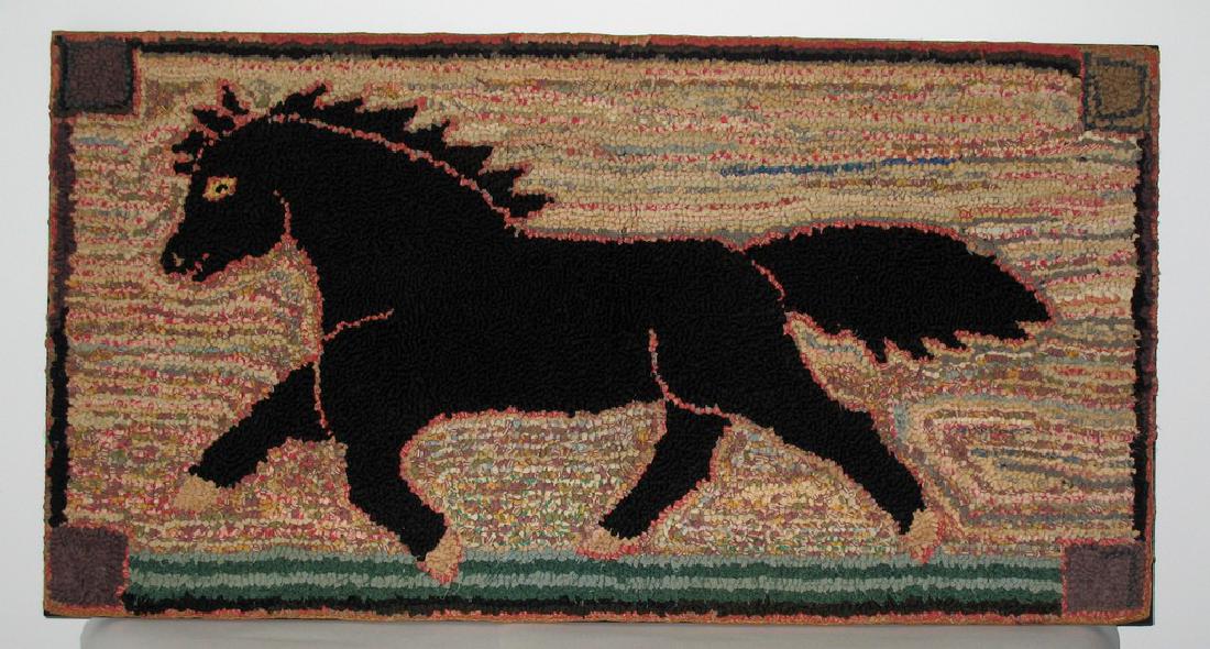 1940's Early folk art black horse hooked rug. (1 of 3)