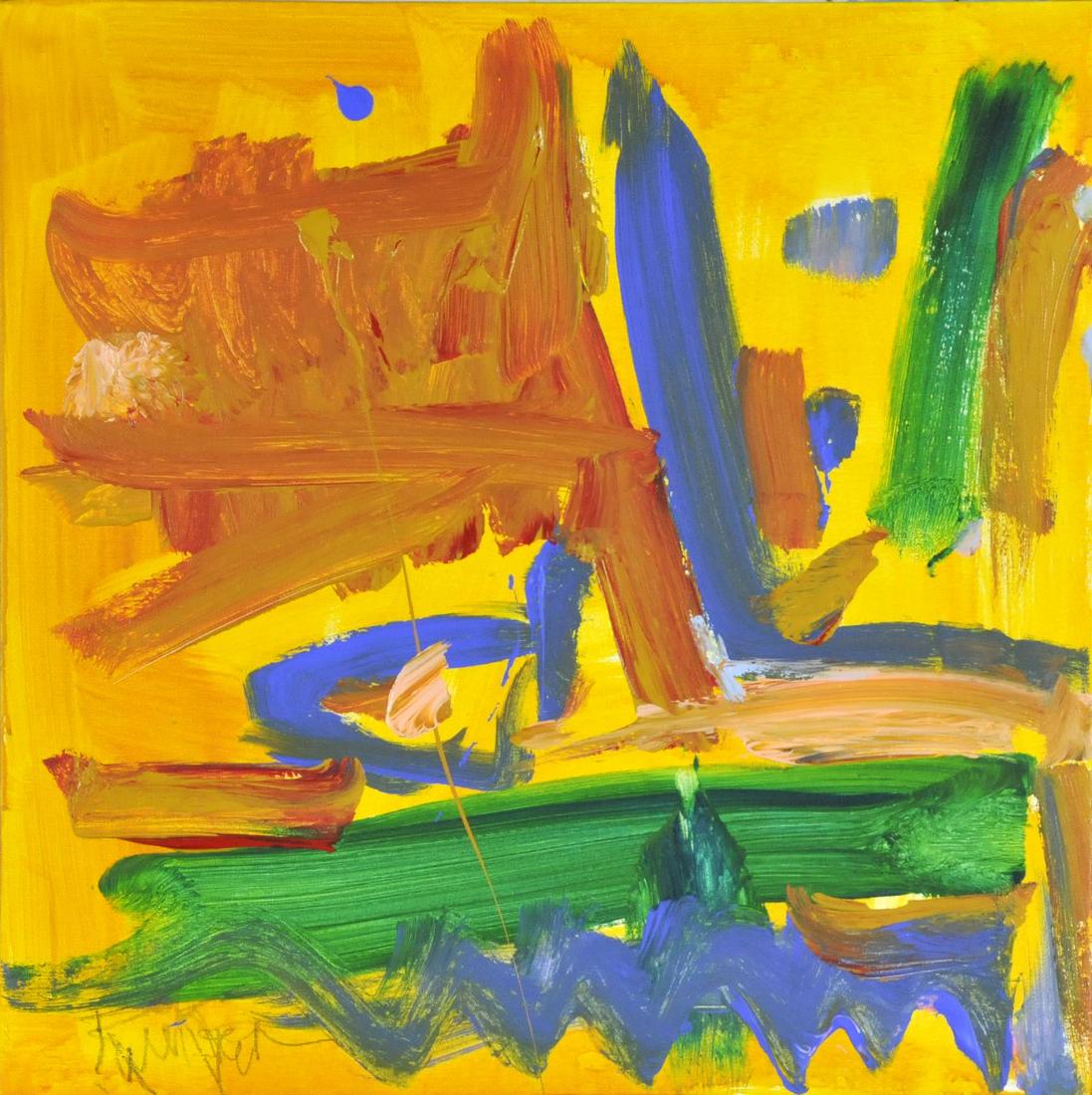 Robbie Kemper - Blue Angle Yellow: Title: Blue Angle Yellow Artist: Robbie Kemper Medium: Acrylic Dimensions: 24x24x.75 An original abstract acrylic painting on canvas by contemporary American Abstract Expressionist artist Robbie Kempe