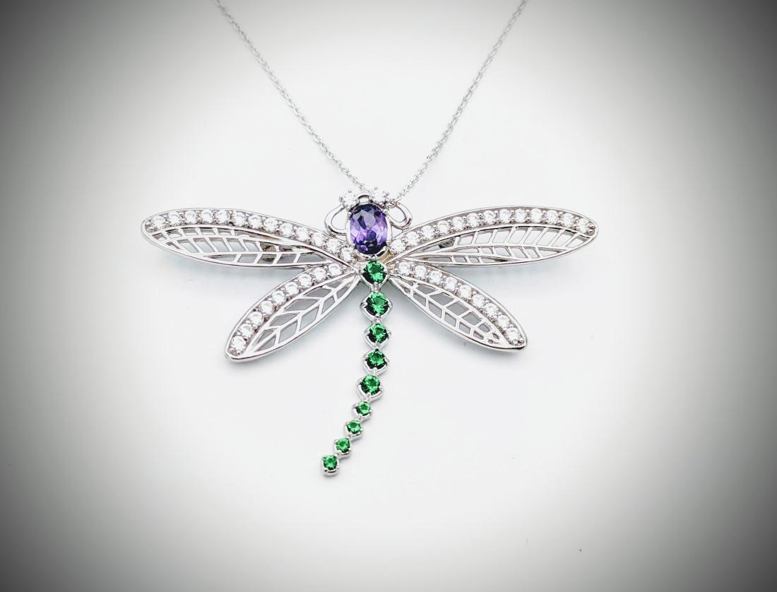 Necklace & Dragonfly Pendant/Brooch w Amethyst,: Reserve Reduced! Title: Necklace & Dragonfly Pendant/Brooch w Amethyst, Tsavorite Garnet & CZs Brand: Jean Lin Collection Metal Purity: 925 Sterling Silver Gemstones: Amethyst, Tsavorite Garnet & Cubi