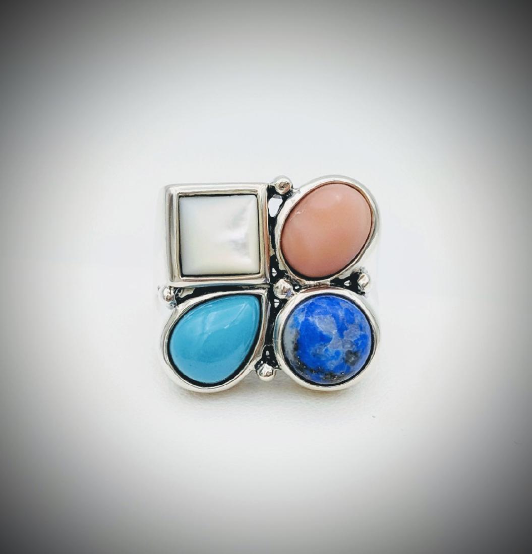 925 SS Ring w Turquoise, Sodalite, Coral & Mother of: Reserve Reduced! Title: 925 SS Ring w Turquoise, Sodalite, Coral & Mother of Pearl Sz 7 Brand: Jean Lin Collection Metal Purity: 925 Sterling Silver Gemstones: Turquoise, Sodalite, Coral, and Mother o